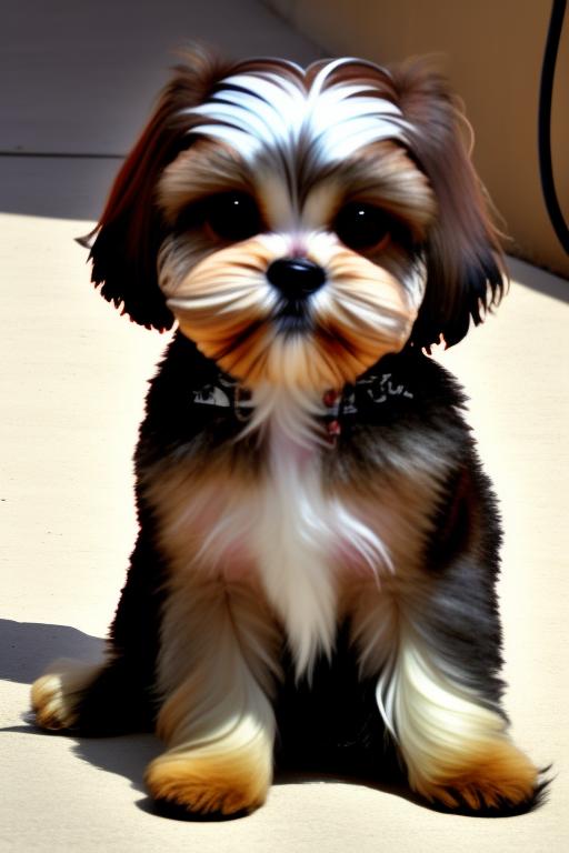 Brown shih-tzu and Lhasa Apso mix breed puppy staring at the camera